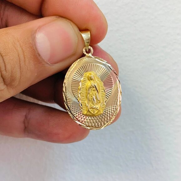 14K Solid Two Sided Gold Double Face Guadalupe Jesus Pendant - Picture 3 of 9